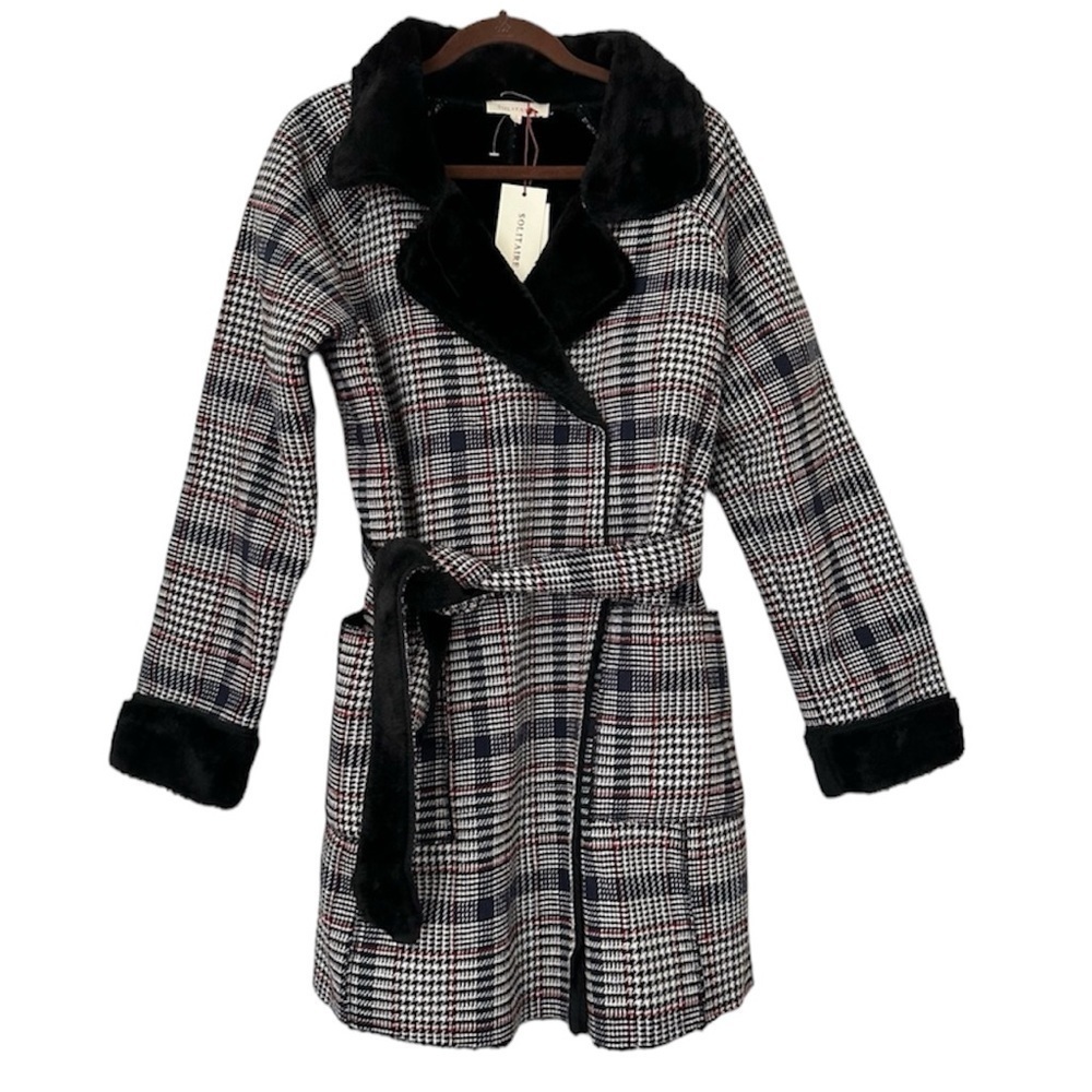 Solitaire Twill Plaid Faux Fur Belted Coat New Womens Large Black White New - Picture 2 of 10